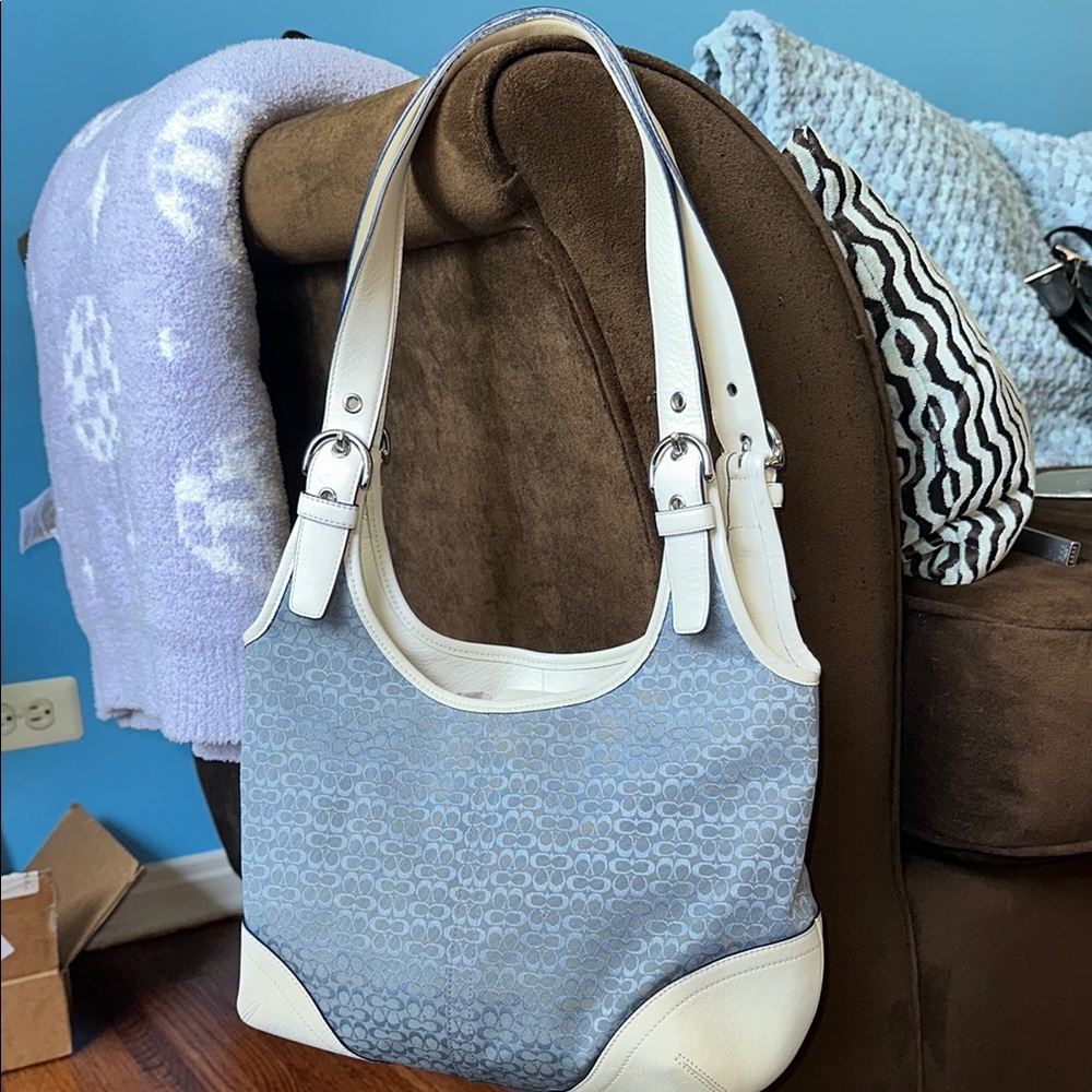 Coach Signature Monogram Light Blue with White Leather Vintage Shoulder bag